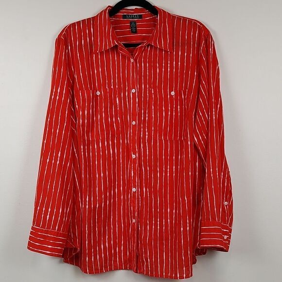 Lauren Ralph Lauren Orange and White Striped Roll Tab Sleeve Button Down Blouse - Picture 11 of 11